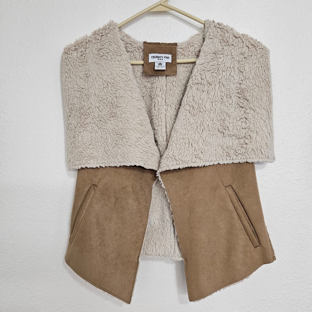 Celebrity Pink Faux Suede Shearling Vest Tan Cream XS